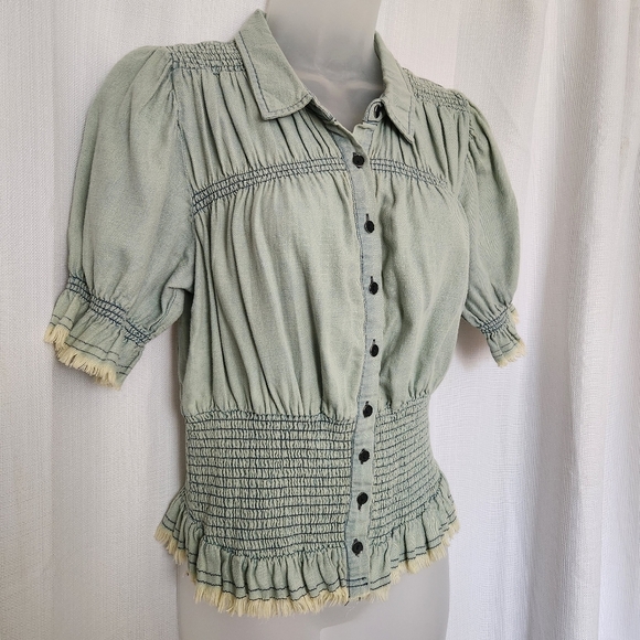 Pilcro Light Blue Puff Sleeve Smocked Top Size M - Picture 5 of 7